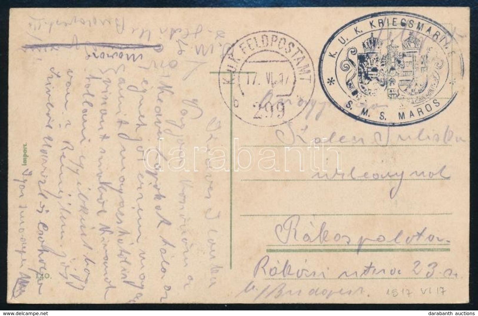 1917 Tábori Posta Képeslap Hajópostával / Field Postcard 'S.M.S. MAROS' - Altri & Non Classificati