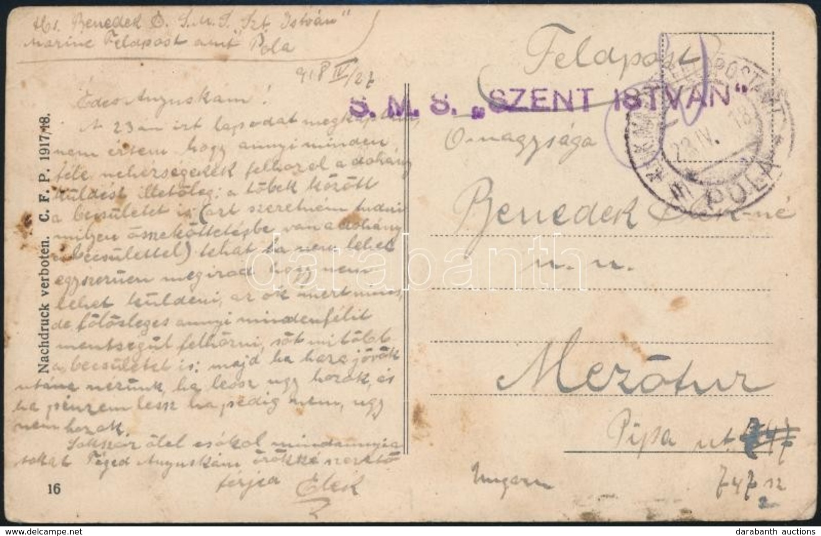 1918 Képeslap Haditengerészeti Postával / Navy Mail Postcard 'S.M.S. SZENT ISTVÁN' + 'MFP POLA M' - Altri & Non Classificati