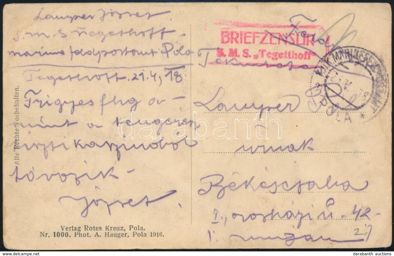 1918 Képeslap / Postcard 'BRIEFZENSUR  S. M. S. TEGETTHOFF' + 'MFP POLA M' - Altri & Non Classificati