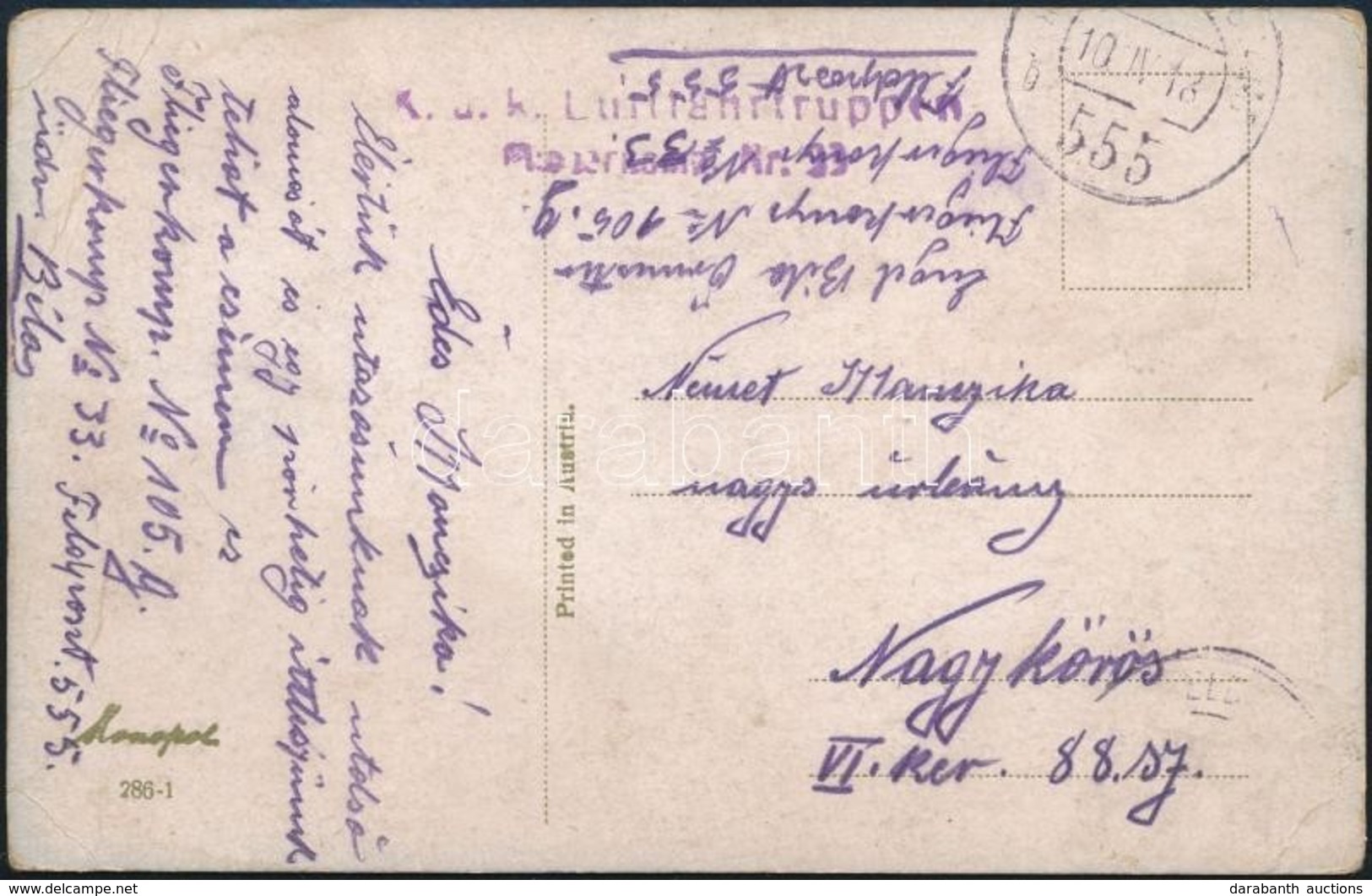 1918 Tábori Posta Képeslap / Field Postcard 'FP 555 B' , 'K.u.K. Luftfahtruppen Flilgerkomp. Nr. 33' - Altri & Non Classificati