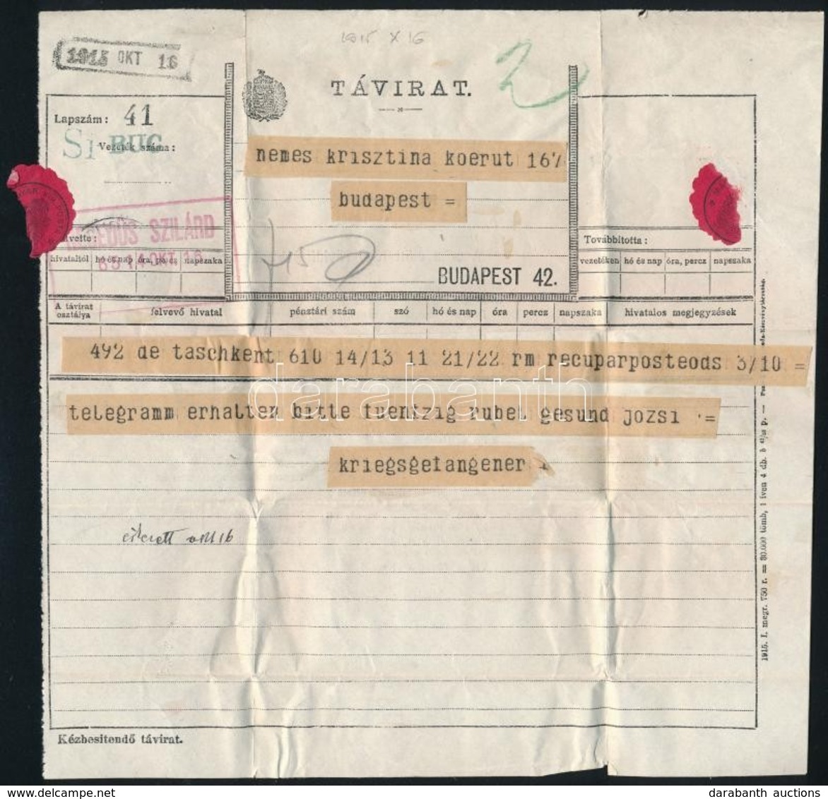 1915 Távirat Hadifogolytól Taskentb?l / Telegramm From Hungarian POW In Taskent - Altri & Non Classificati