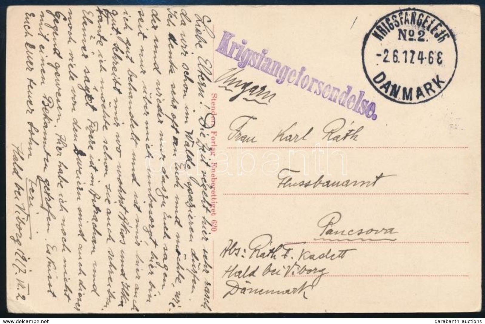 1917 Hadifogoly Képeslap Dániából Pancsovára / POW Postcard From Denmark - Altri & Non Classificati