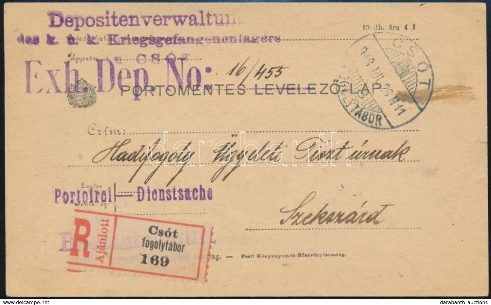 1918 Ajánlott Portómentes Levelez?lap Fogolytáborból / Registered Cover 'K.u.k. Kriegsgefangenenlagers CSÓT' - Altri & Non Classificati