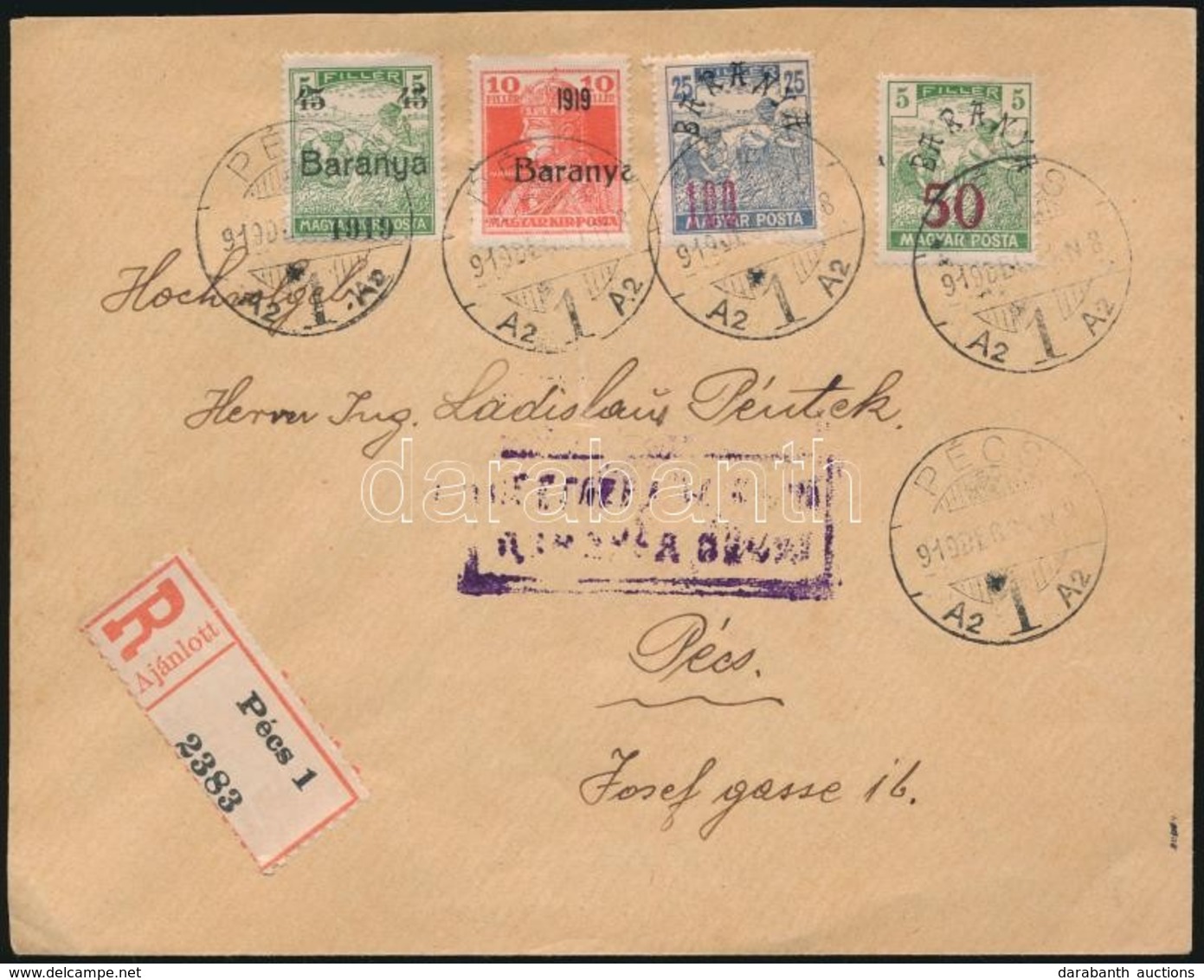 1919 Pécs Helyi Ajánlott Levél 4 Klf Bélyeggel Bérmentesítve / Registered Local Cover. Signed: Bodor - Altri & Non Classificati