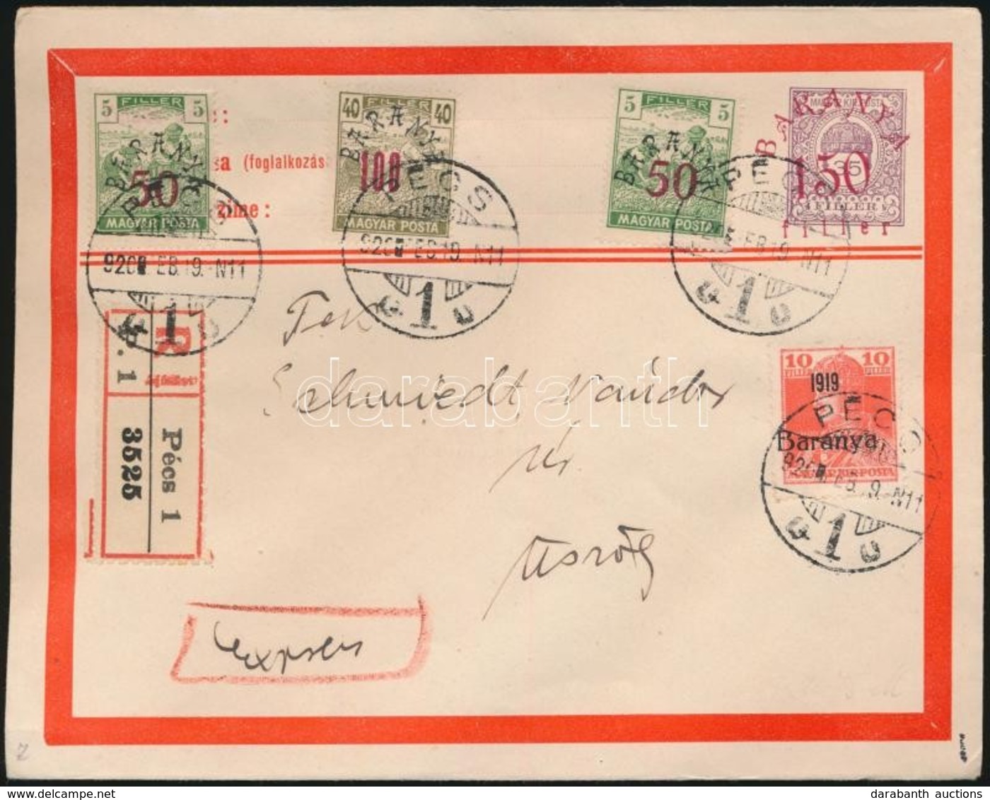 1920 Ajánlott Expressz Díjjegyes Boríték Baranya Bélyegekkel Díjkiegészítve / Registered Express PS-cover With Additiona - Altri & Non Classificati