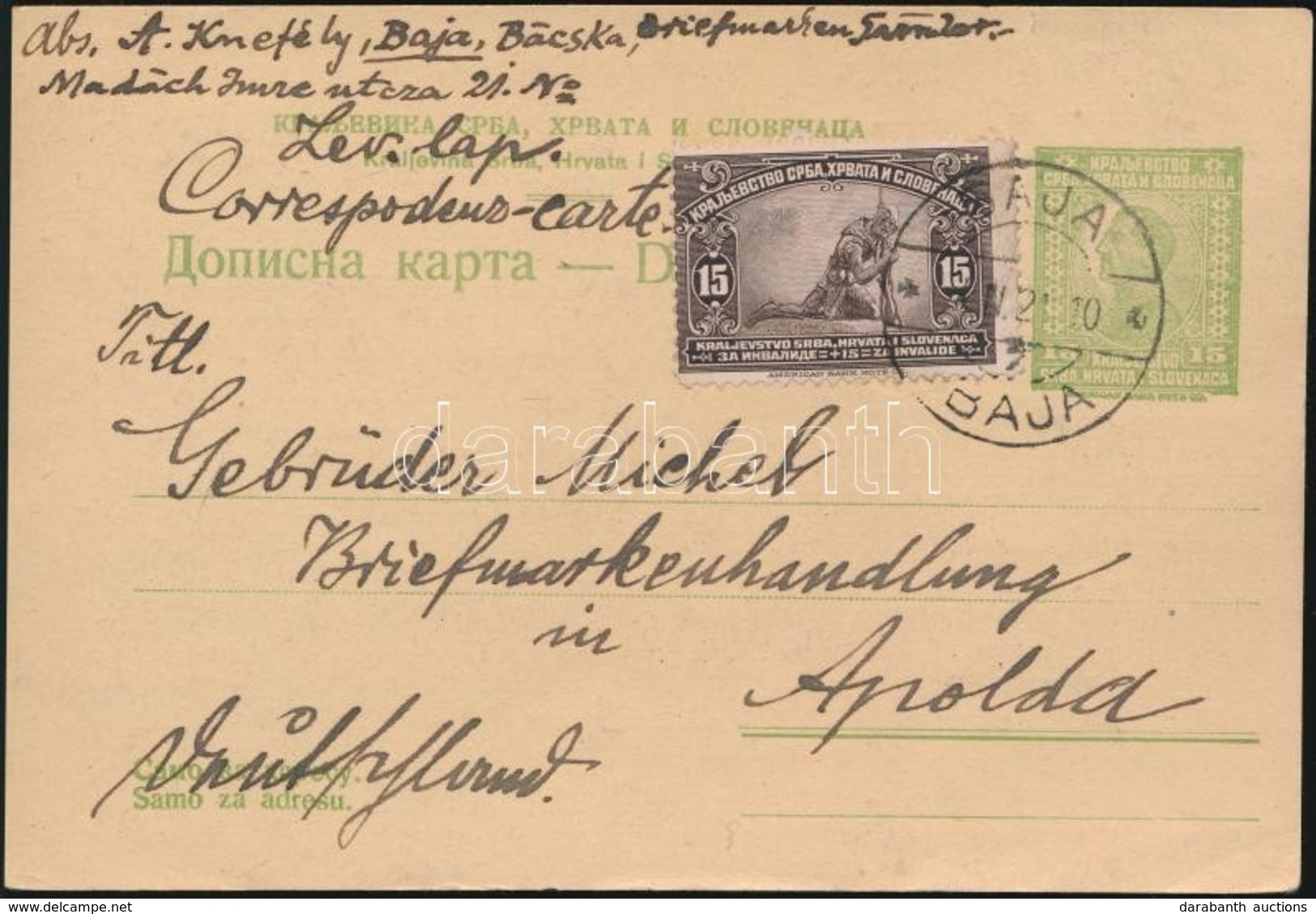 1921 Díjkiegészített Díjjegyes Levelez?lap A Megszállt Bajáról Németországba / PS-card From The Occupied Baja To Germany - Altri & Non Classificati