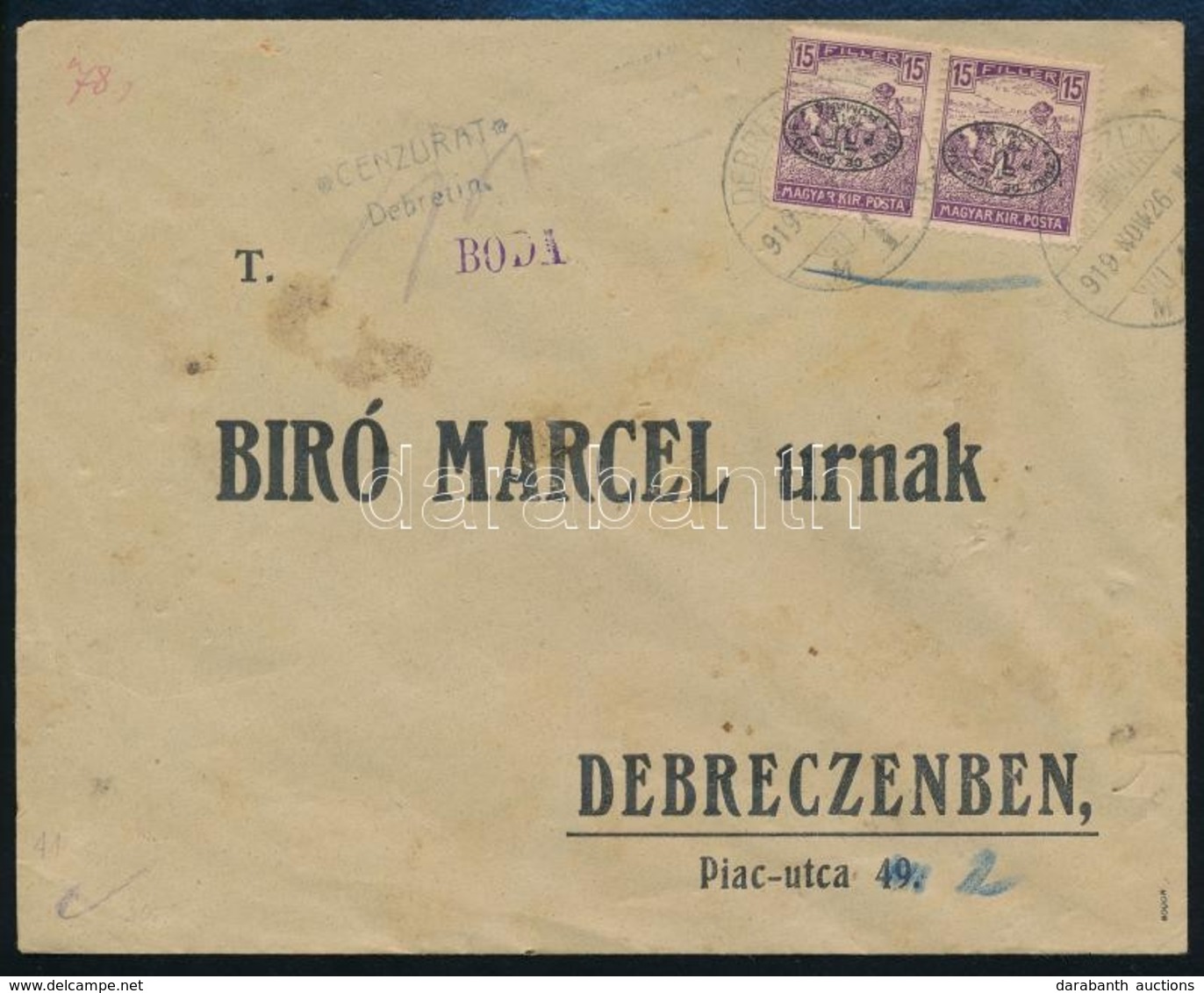 1919 Debrecen Helyi Levél 2 Fordított Felülnyomású Bélyeggel Bérmentesítve / Local Cover With 2 Stamps With Inverted Ove - Altri & Non Classificati