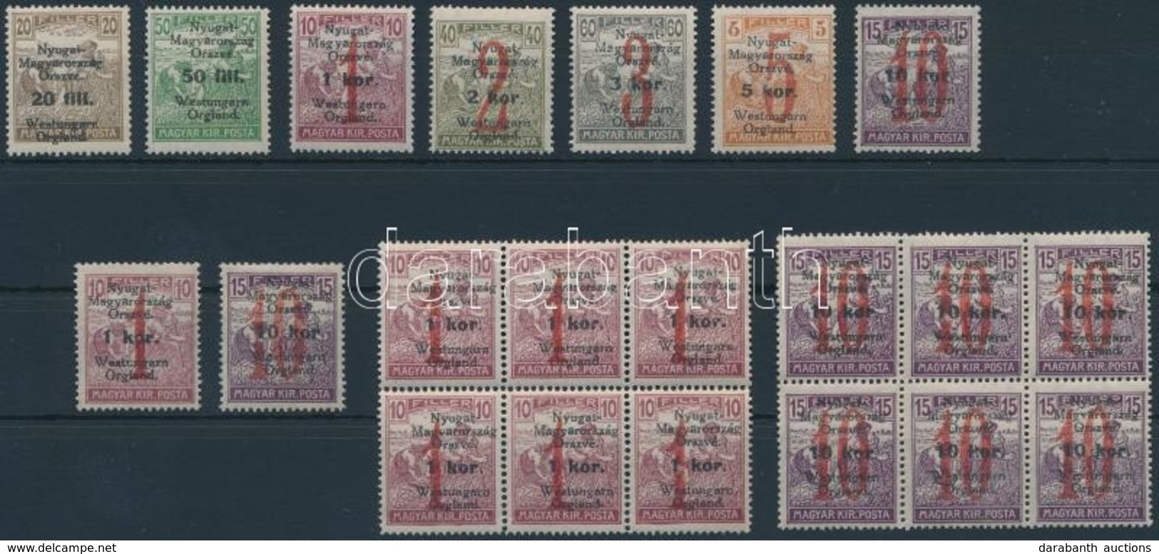 ** Nyugat-Magyarország VI. 1921 Teljes Sor + 2 érték és 2 Db Hatostömb Tévnyomatokkal / Mi 62-68, Some Stamps With Plate - Altri & Non Classificati