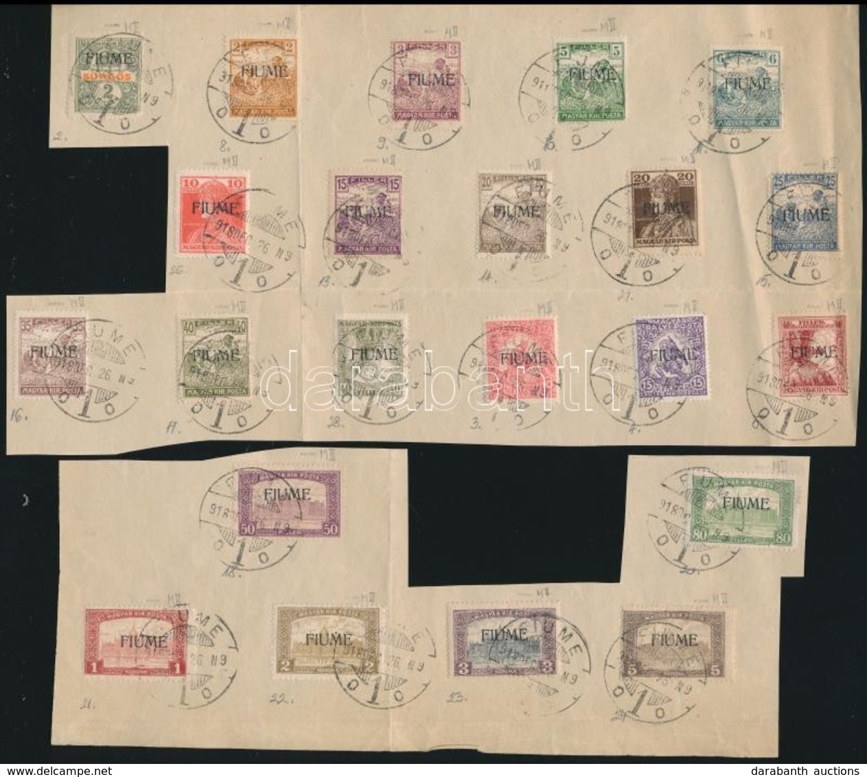 Fiume 1918 22 Klf Bélyeg Gépi Felülnyomással Kett? Papírlapon (14.900) / 22 Different Stamps. Signed: Bodor - Altri & Non Classificati