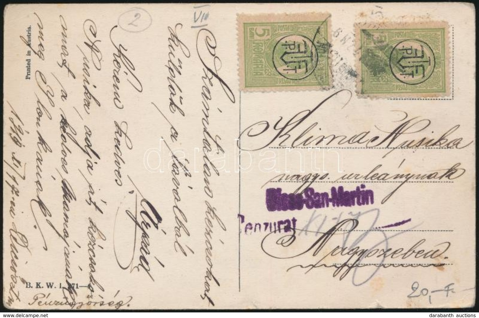 1919 Képeslap 2 X 5Bani Bérmentesítéssel Nagyszebenbe, Cenzúrázva / Postcard With 2 X 5Bani Franking To Nagyszeben, Cens - Other & Unclassified