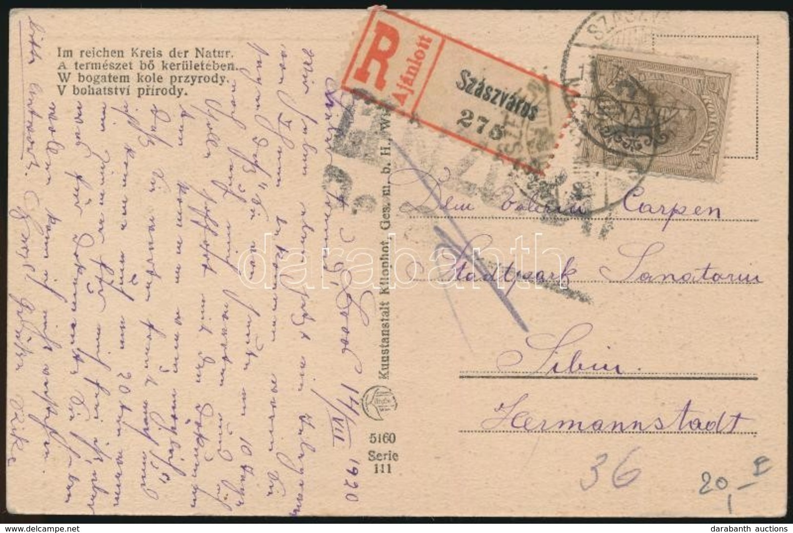 1920 Ajánlott Képeslap Román Bélyeggel Bérmentesítve, Cenzúrázva / Registered Censored Postcard 'SZÁSZVÁROS' - Hermannst - Altri & Non Classificati