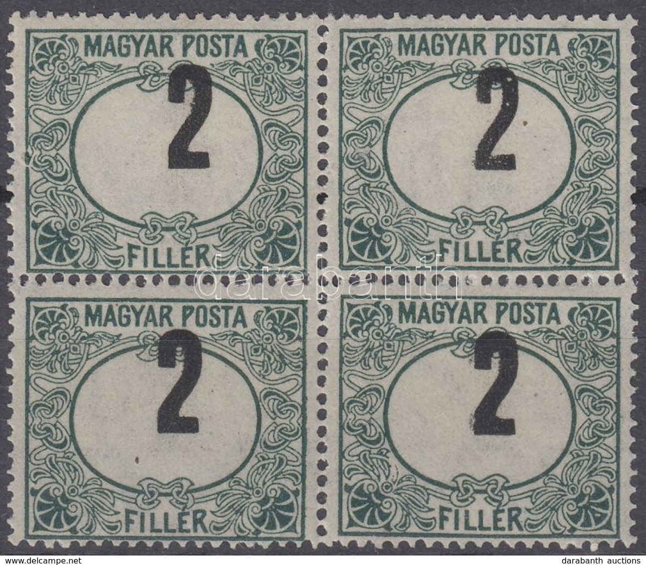** 1920 Magyar Posta Portó 2f Négyestömb Elcsúszott értékszámokkal / Postage Due Mi 52 Block Of 4 With Shifted Numerals - Altri & Non Classificati