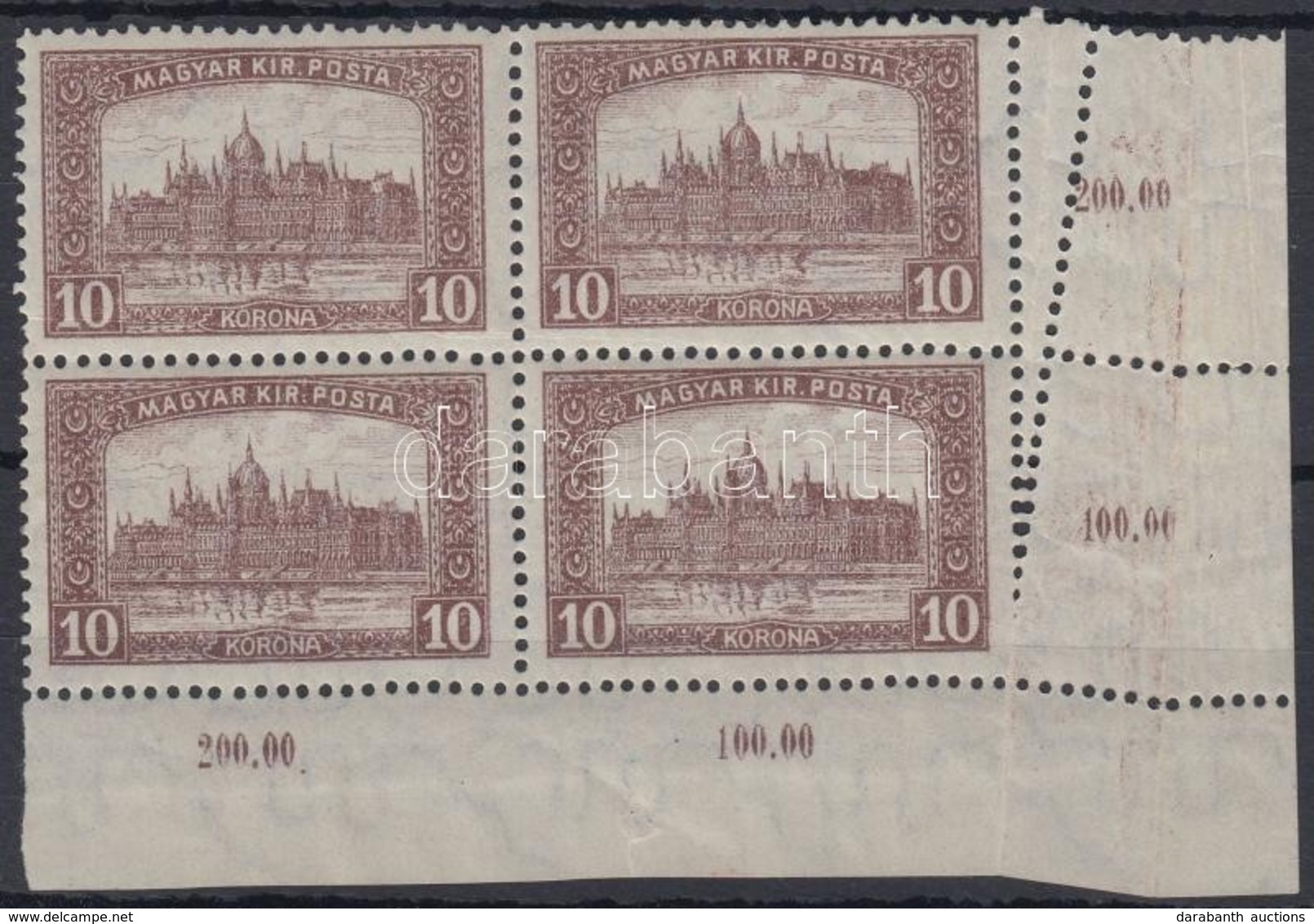 ** 1921 Parlament 10K Elfogazott ívsarki Négyestömb / Mi 357 Corner Block Of 4 With Perforation Error - Altri & Non Classificati