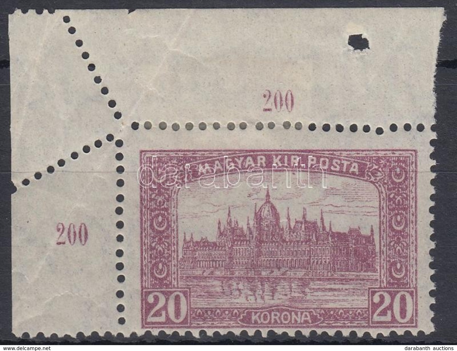 * 1921 Parlament 20K Elfogazott ívsarki Bélyeg / Mi 359 Misperforated Corner Stamp - Altri & Non Classificati