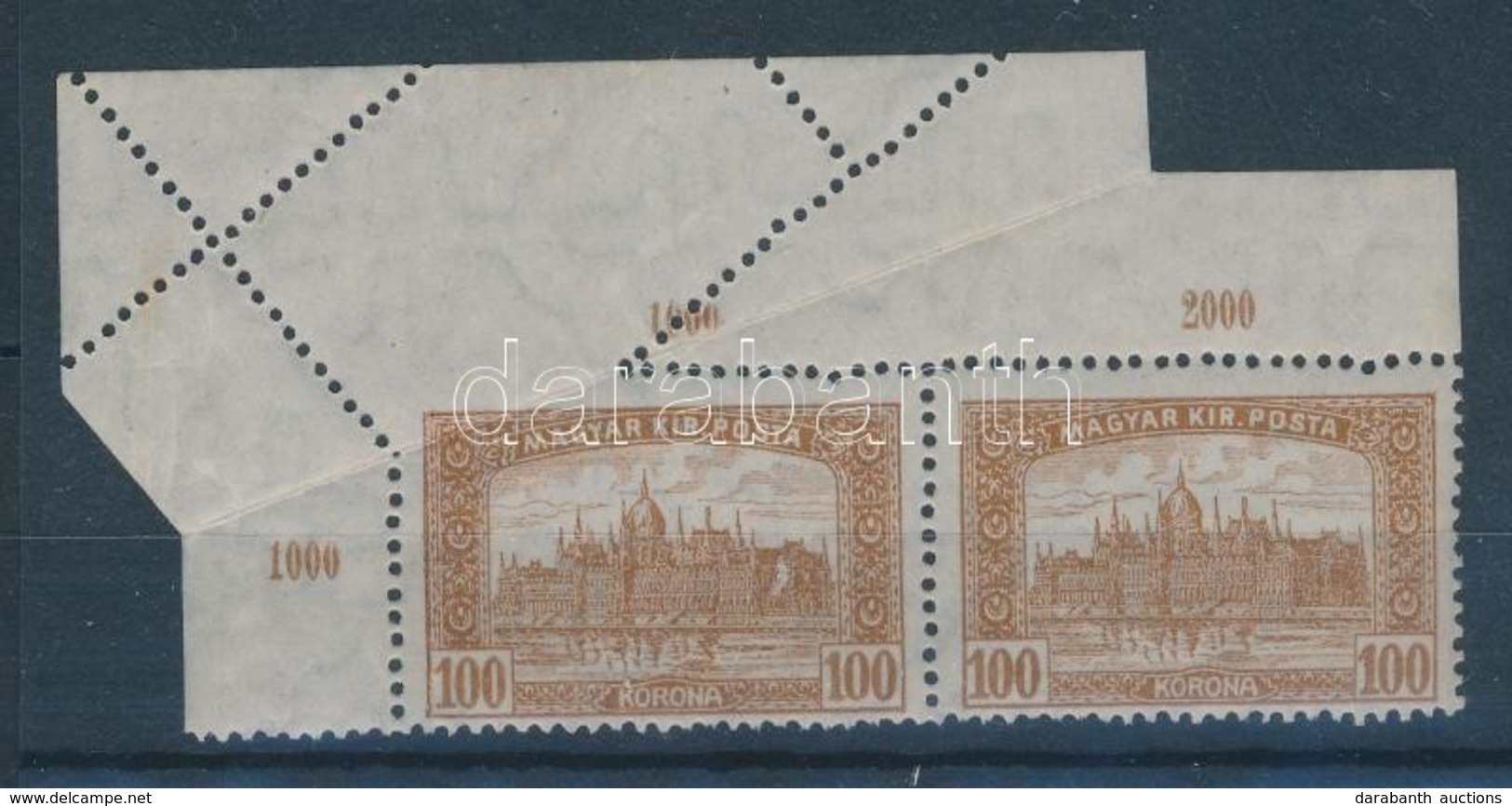 ** 1921/1924 Parlament 100K ívsarki Pár ívbehajlás Miatti Elfogazással / Mi 364 Corner Pair With Perforation Error - Altri & Non Classificati