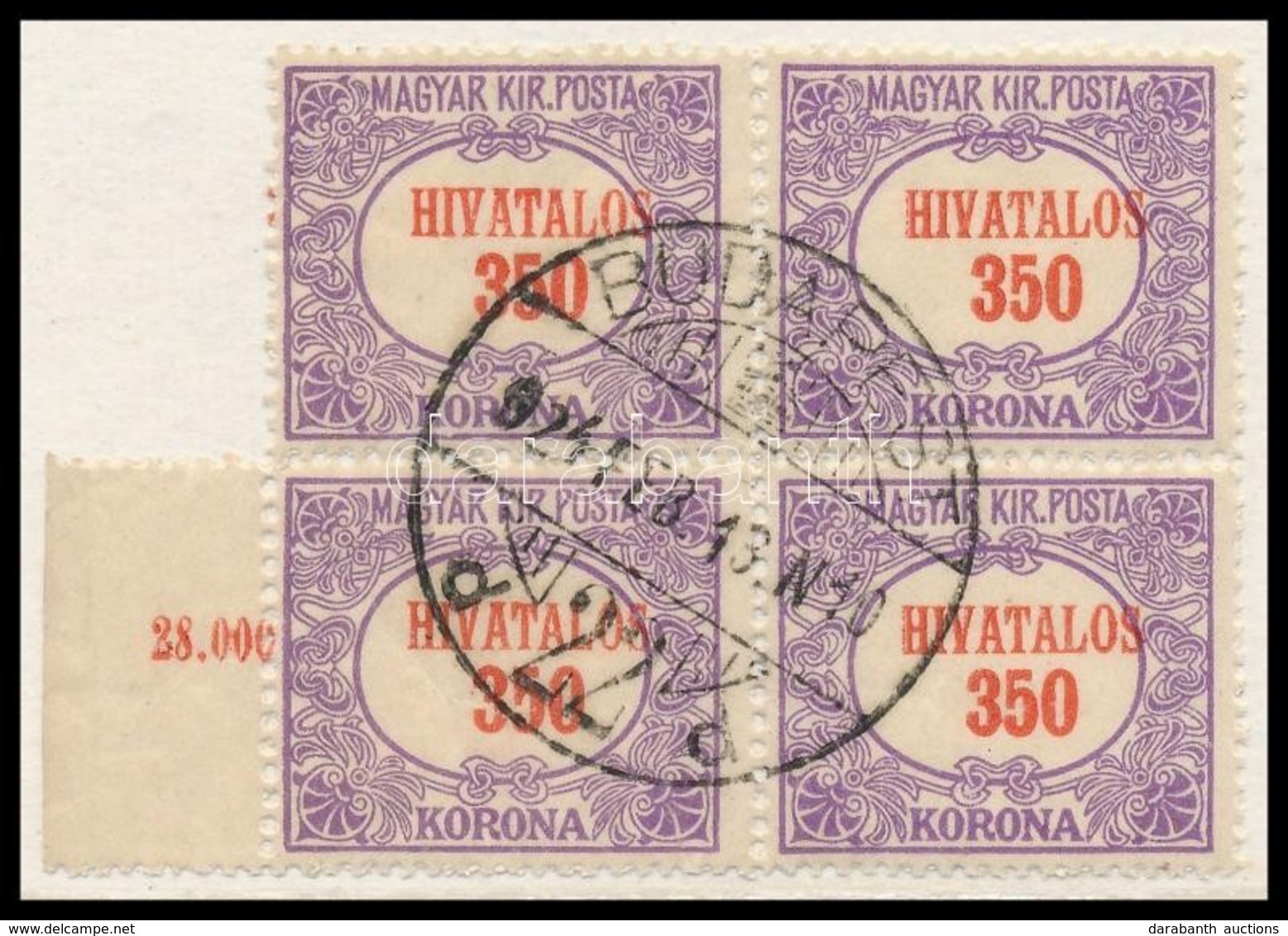 O 1921/1924 Hivatalos 350K Négyestömb, Elcsúszott Középrésszel / Mi Official 24 Block Of 4 With Shifted Middle Part - Altri & Non Classificati