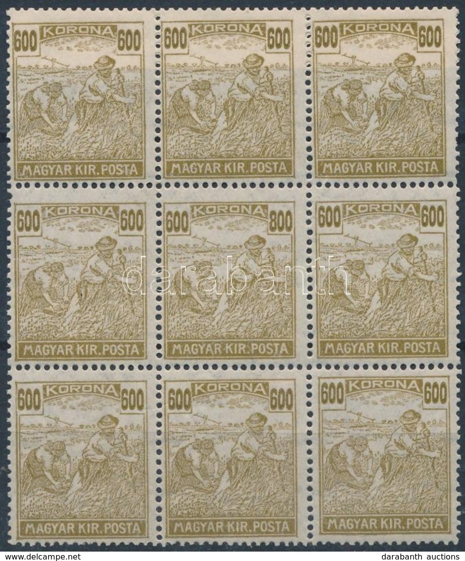 ** 1924 Arató 600K Kilencestömb, Benne '800' Tévnyomat / Mi 394 Block Of 9 With Plate Variety - Altri & Non Classificati