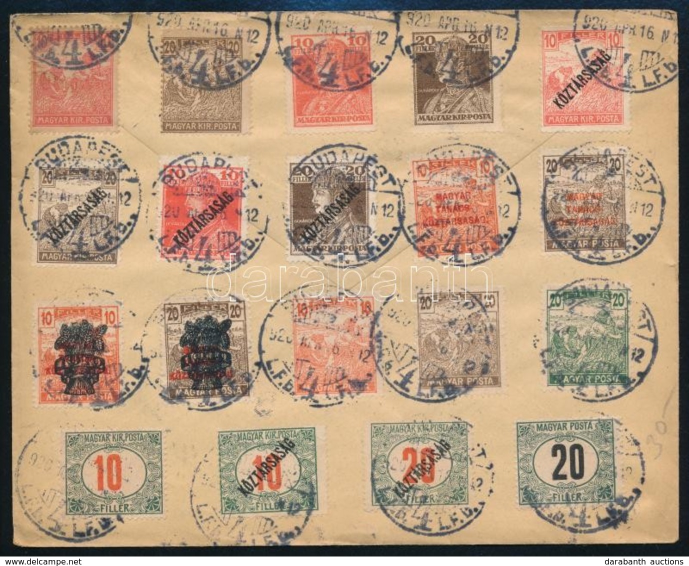 1920 Budapest Helyi Ajánlott Expressz Levél 20 Bélyeges Bérmentesítéssel / Local Registered Express Cover With 20 Stamps - Altri & Non Classificati