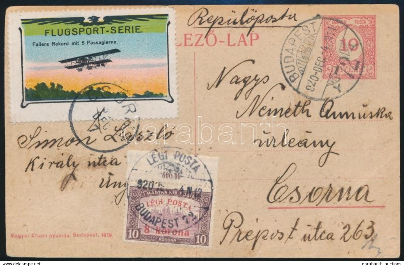 1920 Légi Levelez?lap / Airmail Postcard Budapest - Csorna - Altri & Non Classificati