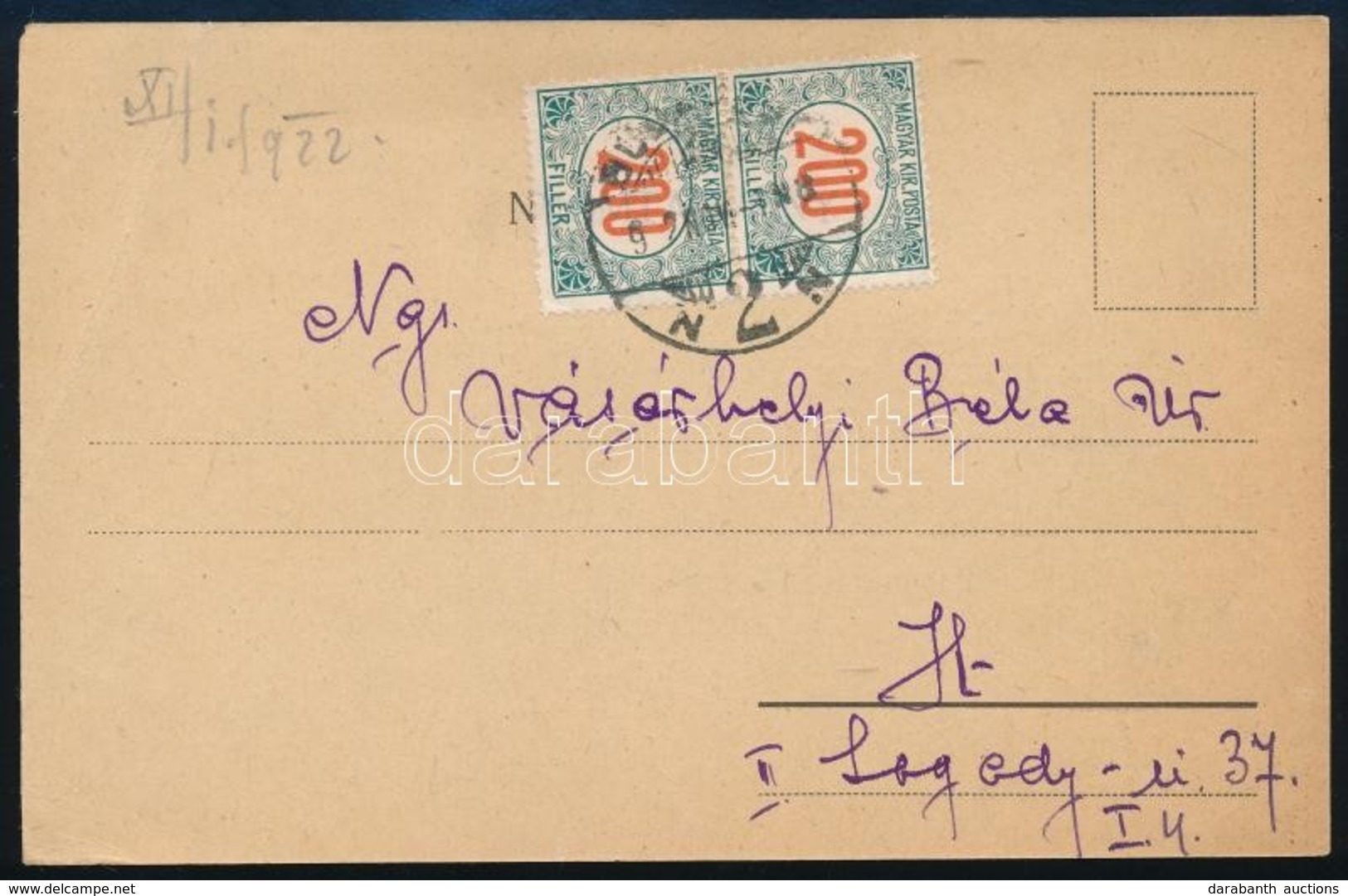 1922 Budapest Helyi Levelez?lap 2 X 200f Portóval / Local Postcard With 2 X 200f Postage Due - Altri & Non Classificati