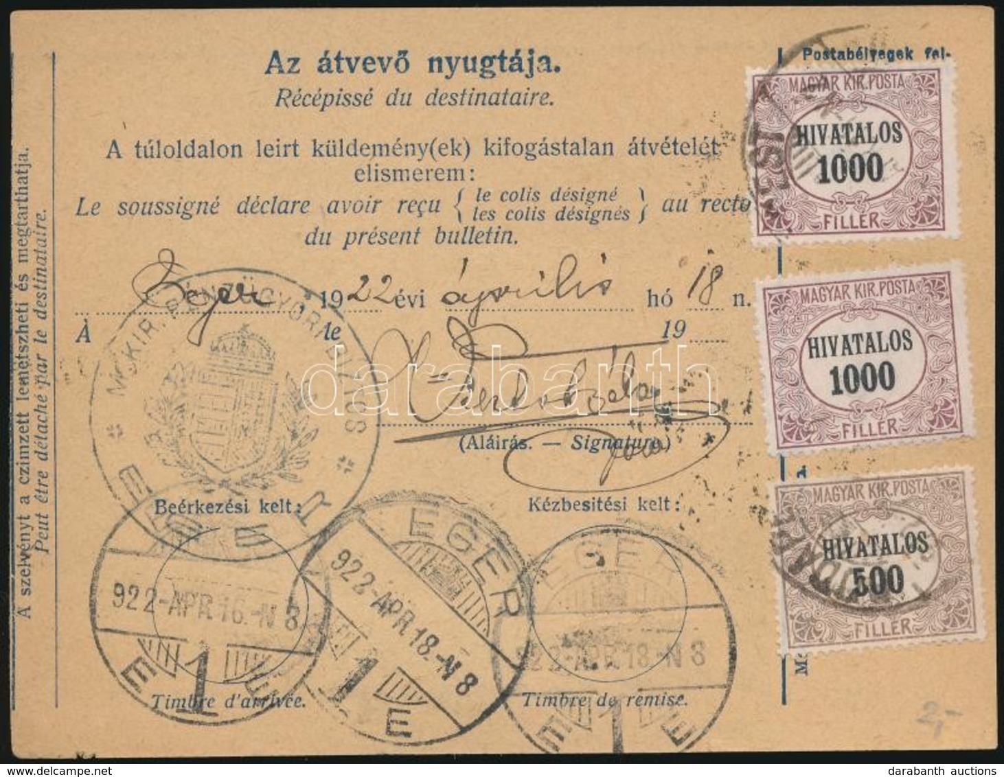 1922 Postai Szállítólevél Hivatalos 2.500f Bérmentesítéssel / Money Order With Official Franking - Altri & Non Classificati