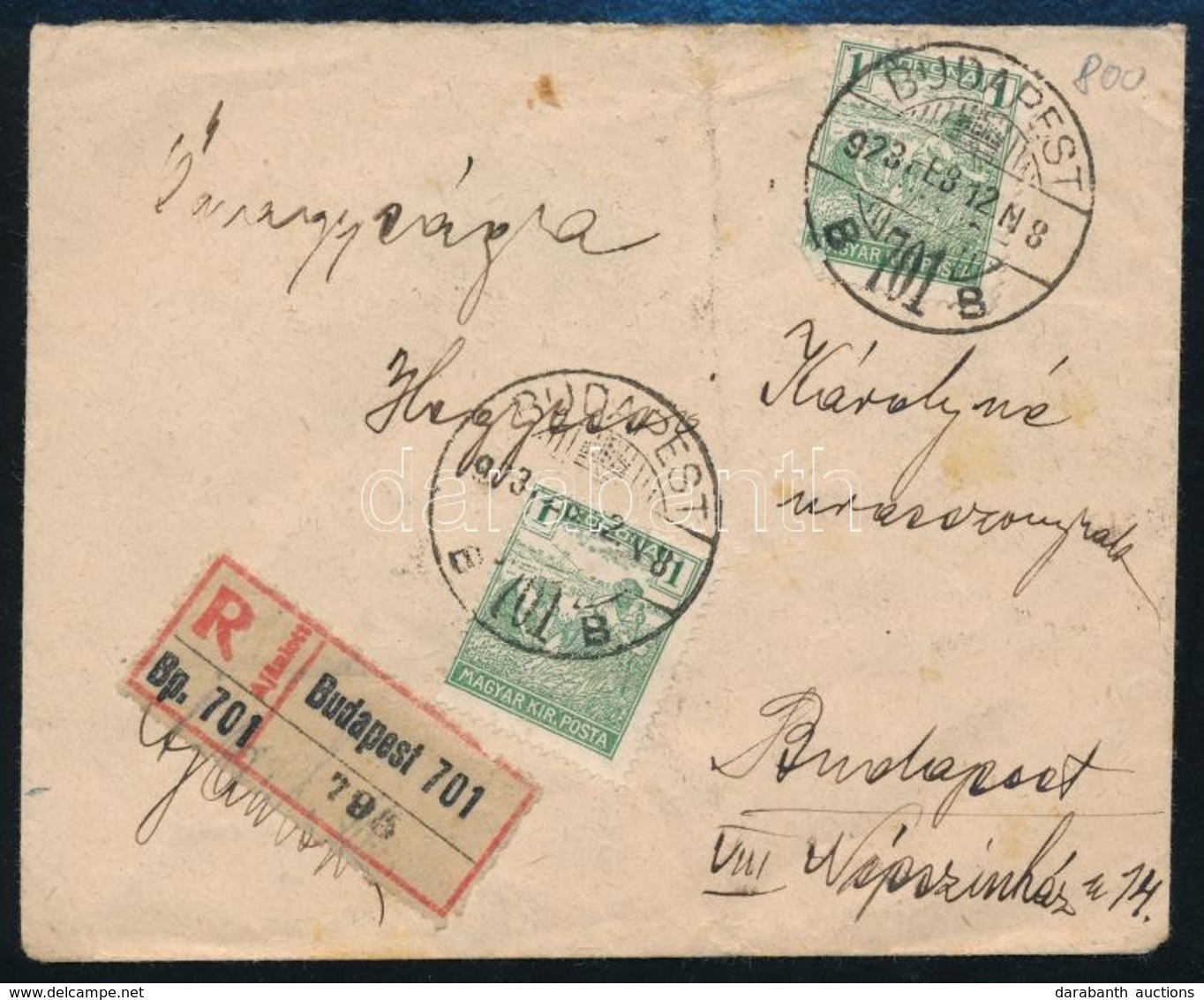 1923 Budapest Helyi Ajánlott Levél 6 Bélyeges Bérmentesítéssel / Local Registered Cover With 6 Stamps Franking - Altri & Non Classificati