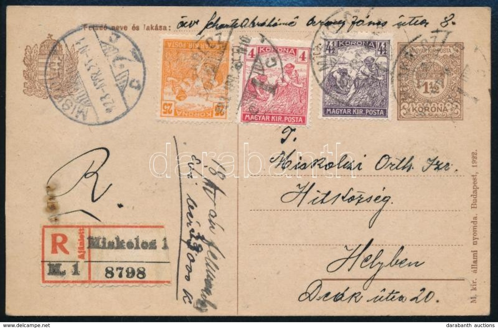 1923 Miskolc Helyi Ajánlott Díjjegyes Levelez?lap 3 Bélyeges Díjkiegészítéssel / Local Registered PS-card With 3 Stamps  - Altri & Non Classificati