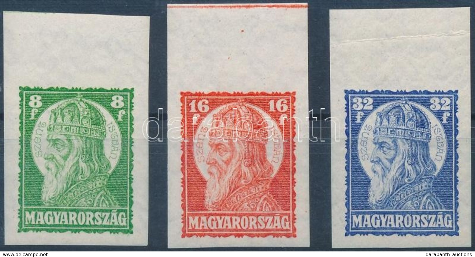 ** 1928 Szent István (I.) Vágott ívszéli Sor (40.000) / Mi 438-440 Imperforate Margin Set - Other & Unclassified