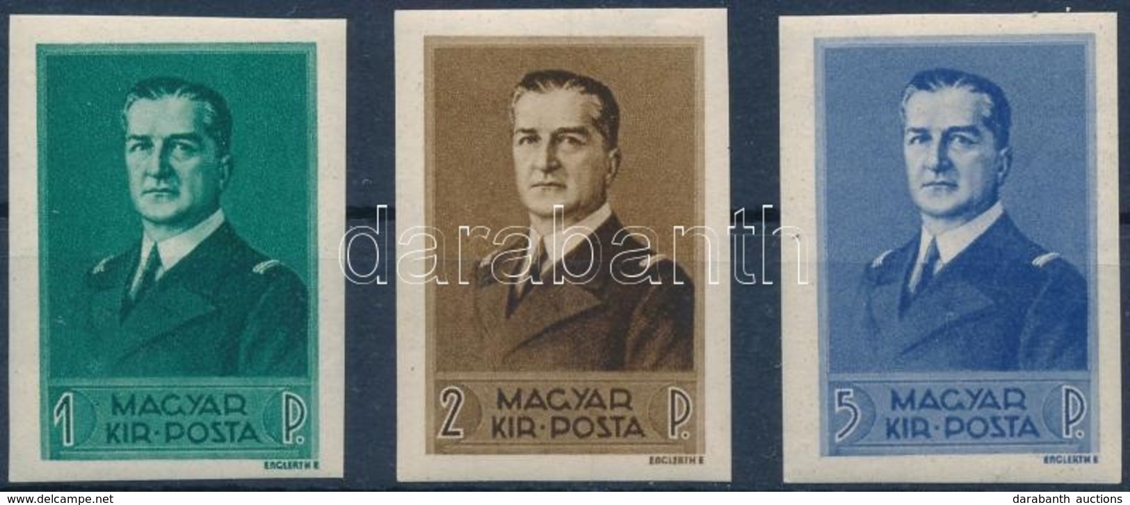 ** 1938 Kormányzói Arcképsor (I.) Vágott Sor (80.000) / Mi 565-567 Imperforate Set - Other & Unclassified