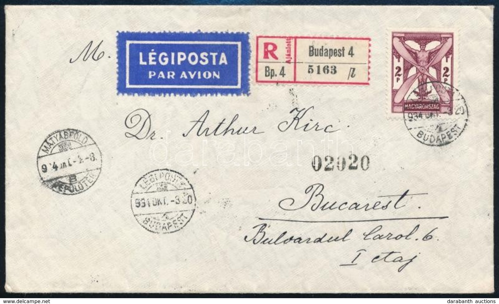 1931 Ajánlott Légi Levél 2P Bérmentesítéssel Bukarestbe / Registered Airmail Cover To Bucarest - Altri & Non Classificati