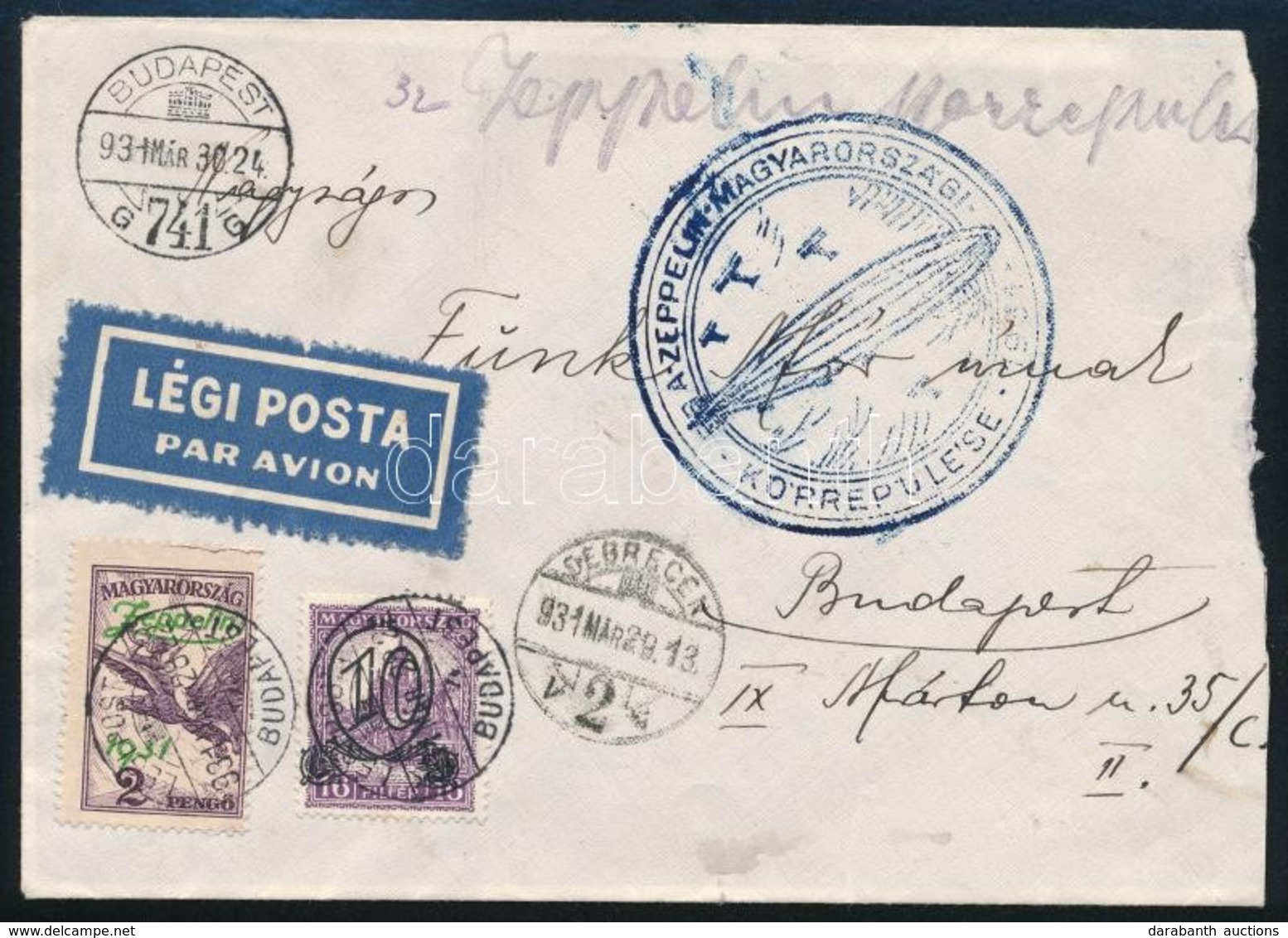 1931 Zeppelin Magyarországi Körrepülés Levél Zeppelin 2P Bélyeggel / Zeppelin Round Flight In Hungary, Cover - Other & Unclassified