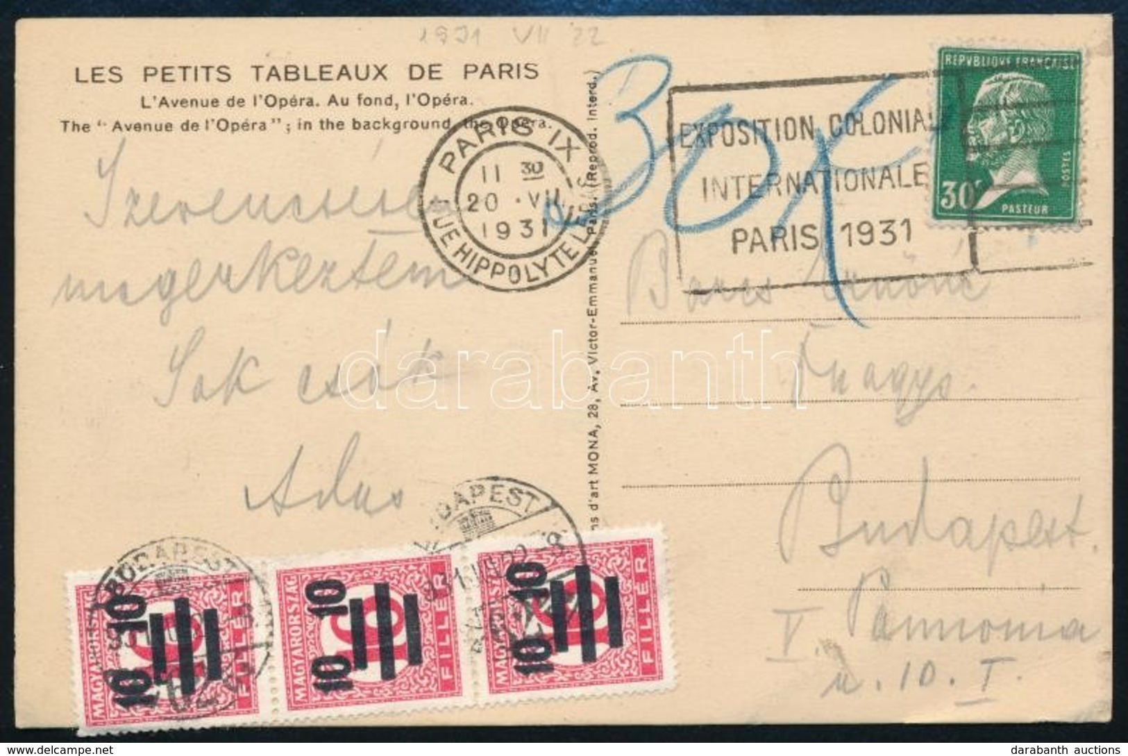 1931 Képeslap Párizsból, 3 X 10/16f Portóval / Postcard From Paris, With Postage Due - Altri & Non Classificati