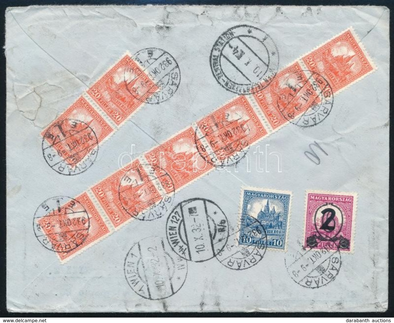 1932 Expressz Ajánlott Levél Hátoldalán 10 Bélyeges Bérmentesítéssel / Express Registered Cover With 10 Stamps 'SÁRVÁR' - Altri & Non Classificati