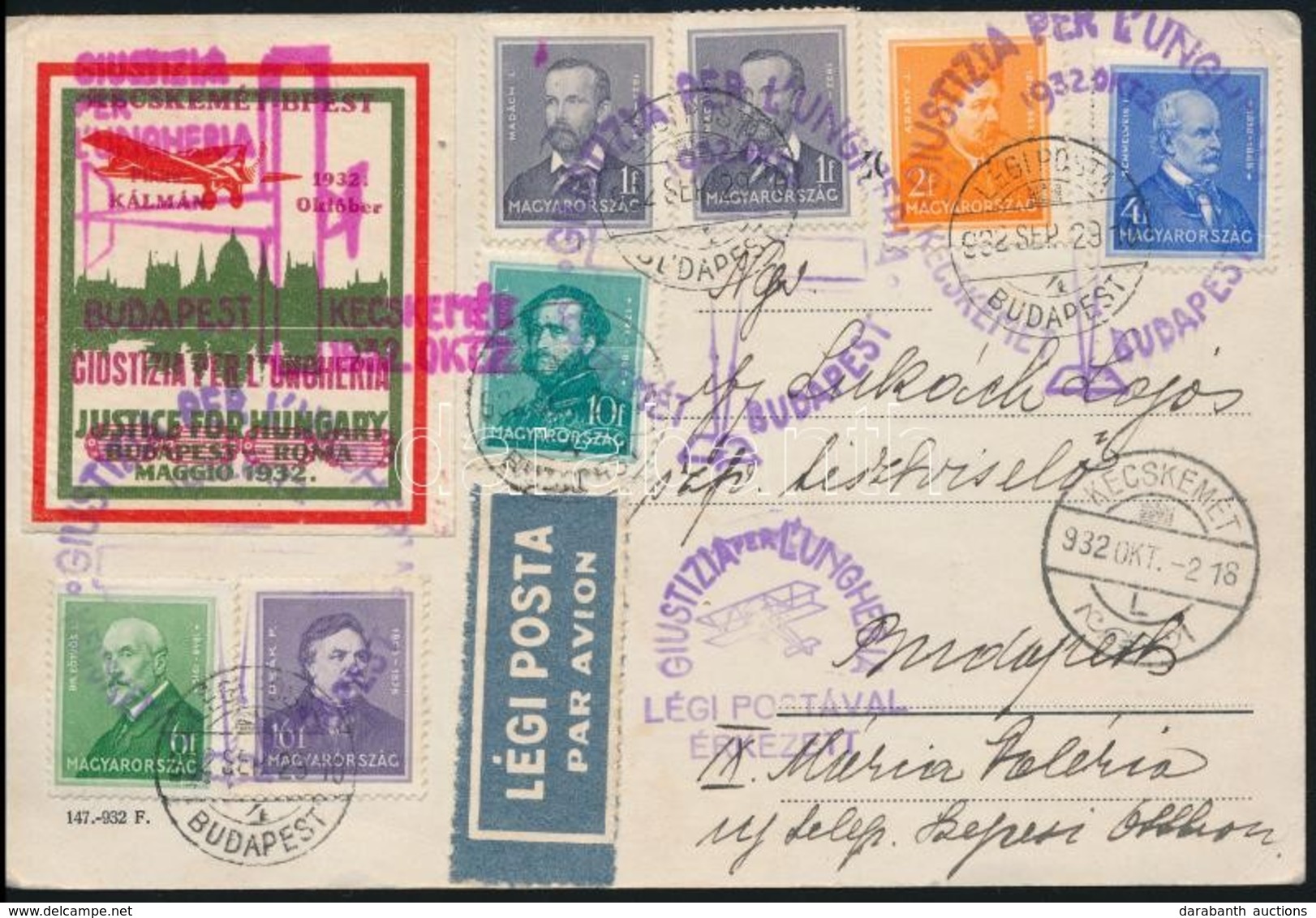 1932 Légi Képeslap 40f 6 Szín? Arcképek Bérmentesítéssel / Airmail Postcard With 40f 6 Colour Franking 'GIUSTIZIA PER L' - Other & Unclassified