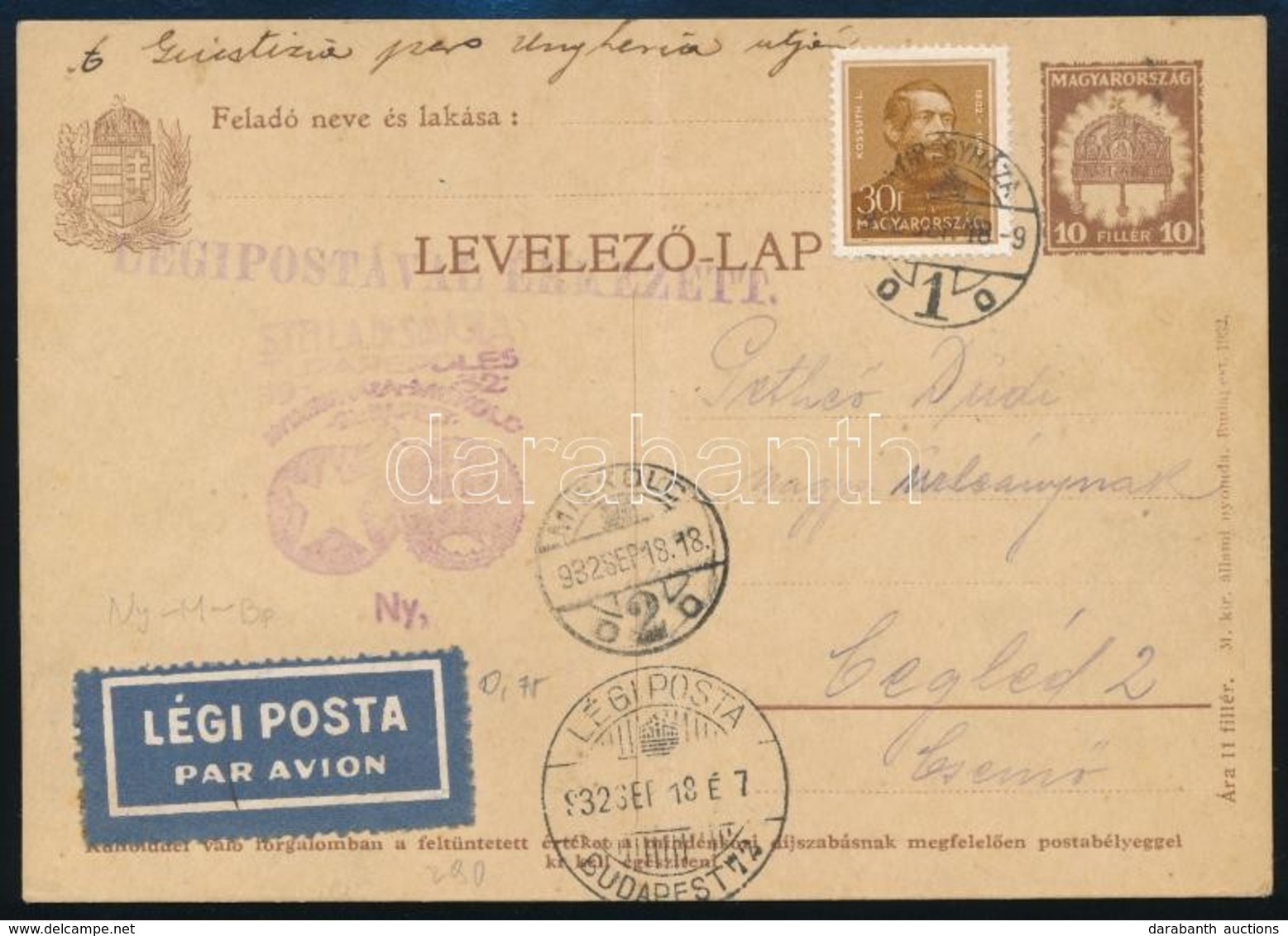 1932 Légi Díjjegyes Levelez?lap Díjkiegészítéssel, Alkalmi Bélyegzéssel / Airmail PS-card With Additional Franking And S - Altri & Non Classificati