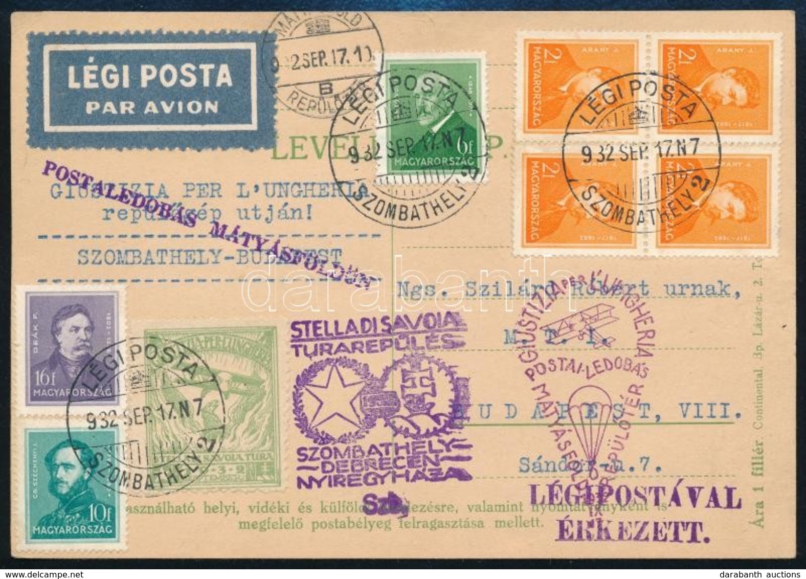 1932 Szombathely-Budapest Légi Levelez?lap 7 Bélyeges Bérmentesítéssel és Levélzáróval, Alkalmi Bélyegzéssel / Airmail P - Altri & Non Classificati