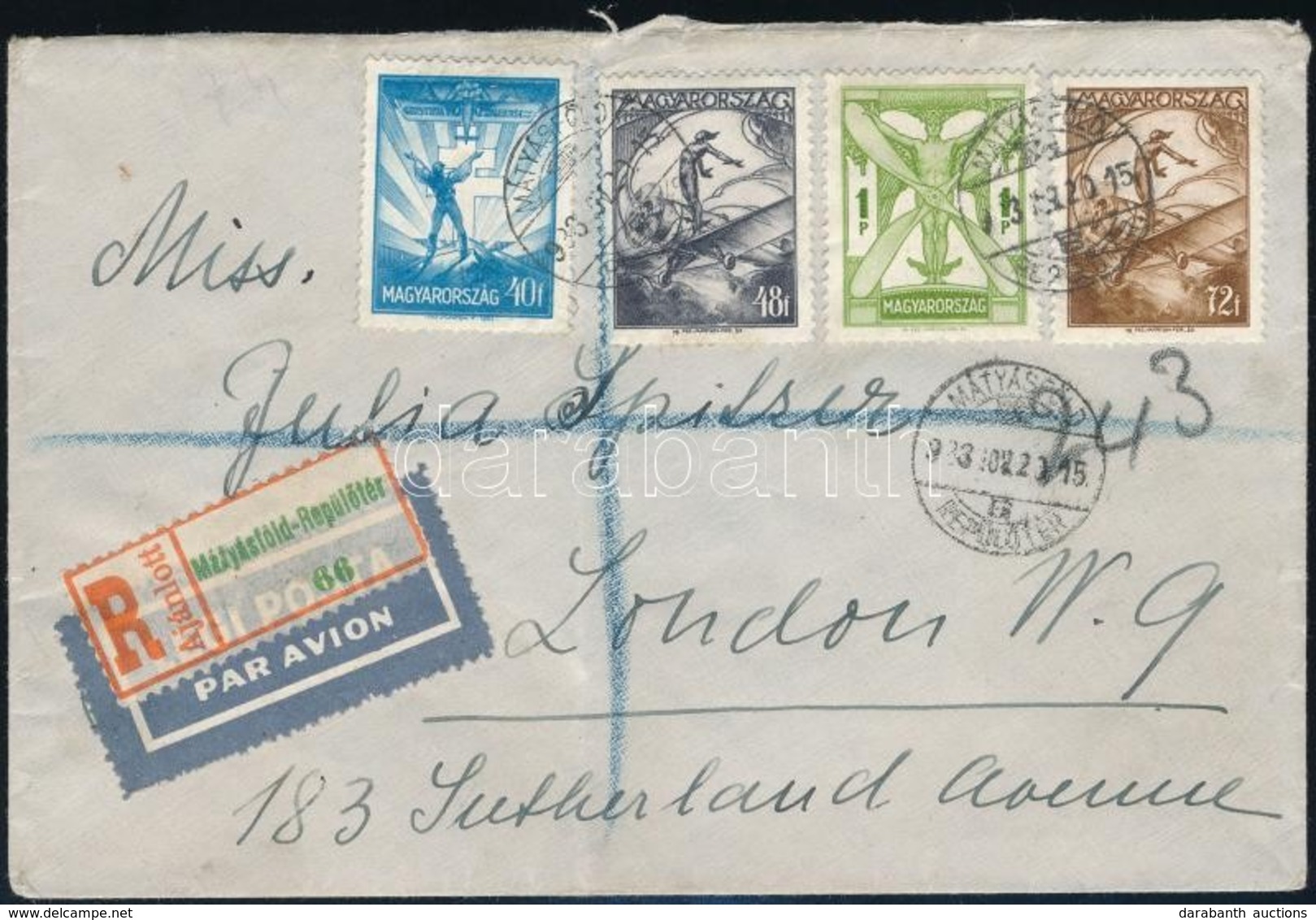 1933 Ajánlott Légi Levél Repül?téri Ragjeggyel és 2,60P Bérmentesítéssel Londonba / Registered Airmail Cover To London - Altri & Non Classificati