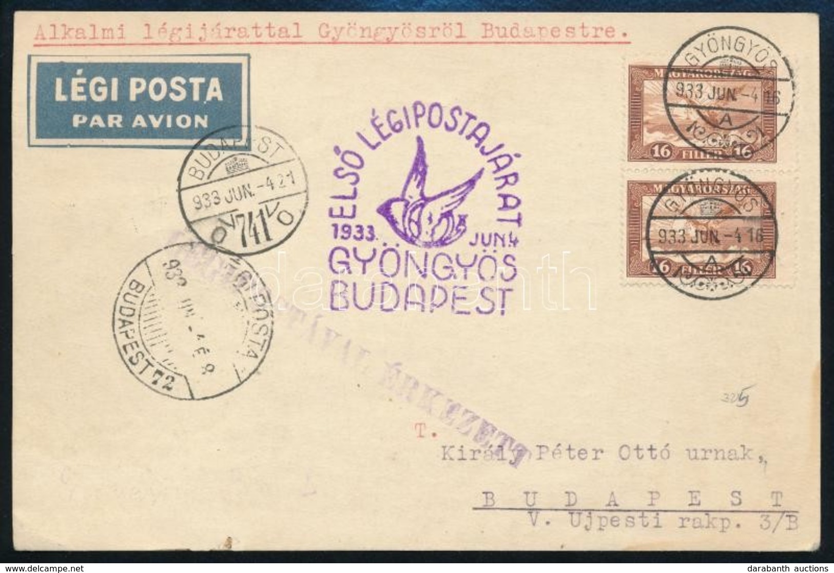 1933 Légi Levelez?lap 32f Bérmentesítéssel / Airmail Postcard 'ELS? LÉGIPOSTAJÁRAT GYÖNGYÖS BUDAPEST' - Other & Unclassified