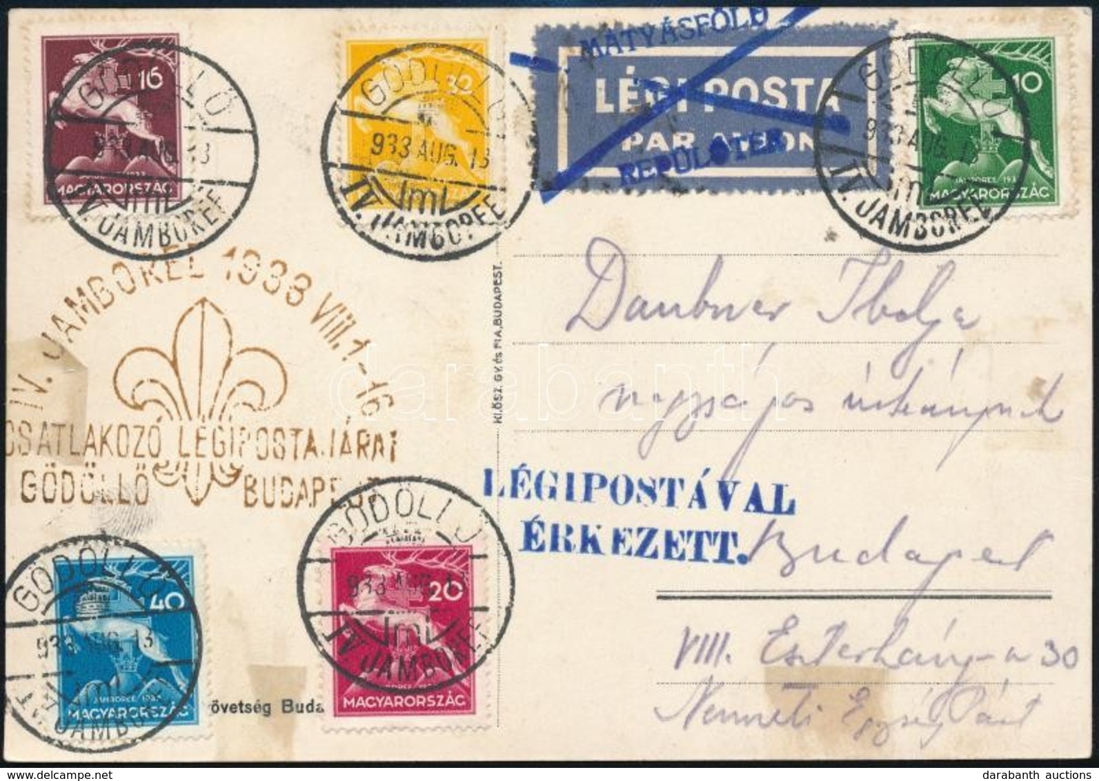 1933 Légi Cserkész Képeslap Cserkész Sorral és Alkalmi Bélyegzéssel / Airmail Postcard With Mi 511-515 'IV. JAMBOREE' - Other & Unclassified