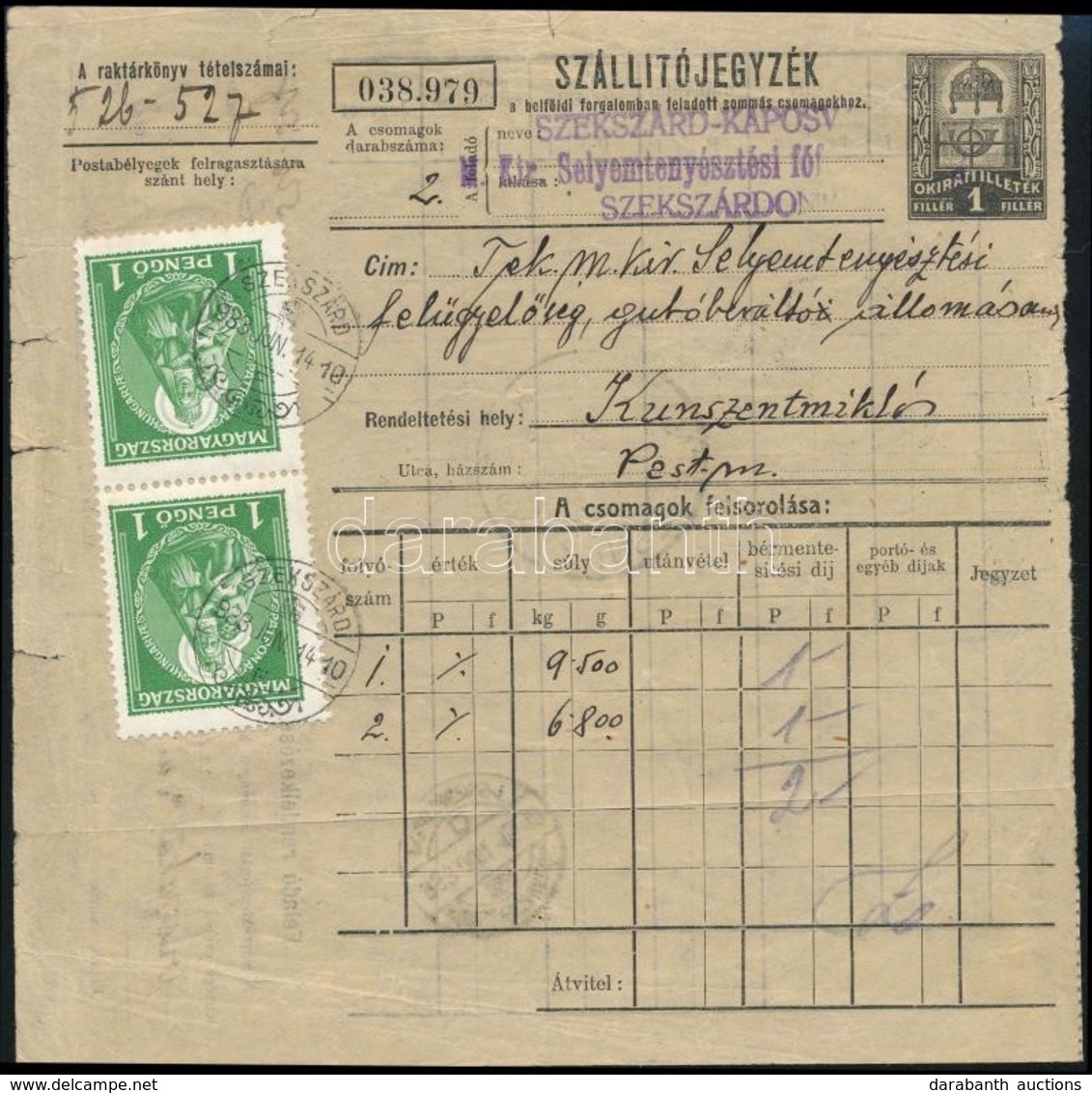 1933 Sommás Szállítójegyzék 2 Db Nagy Madonna 1P Bérmentesítéssel / Parcel List 'SZEKSZÁRD' - Altri & Non Classificati