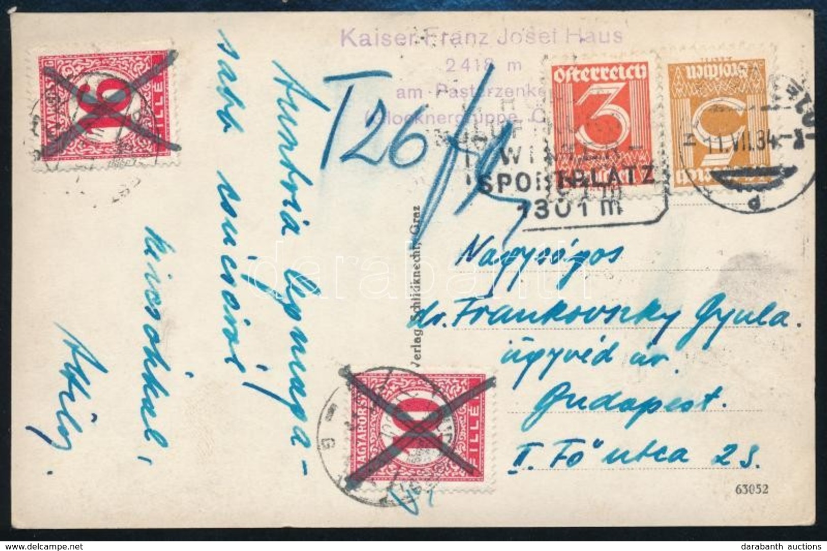 1934 Képeslap Ausztriából Budapestre 26f Portóval, Majd érvénytelenítve / Postcard From Austria To Hungary, With 26f Pos - Other & Unclassified