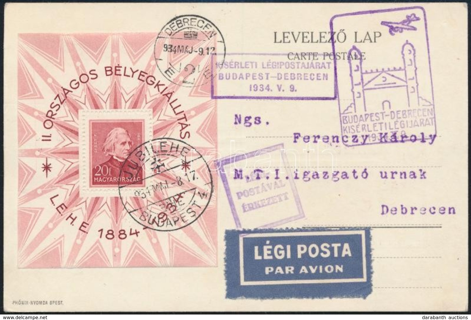 1934 LEHE Blokk Alkalmi Légi Képeslapon / Mi Block 1 On Special Airmail Card - Altri & Non Classificati