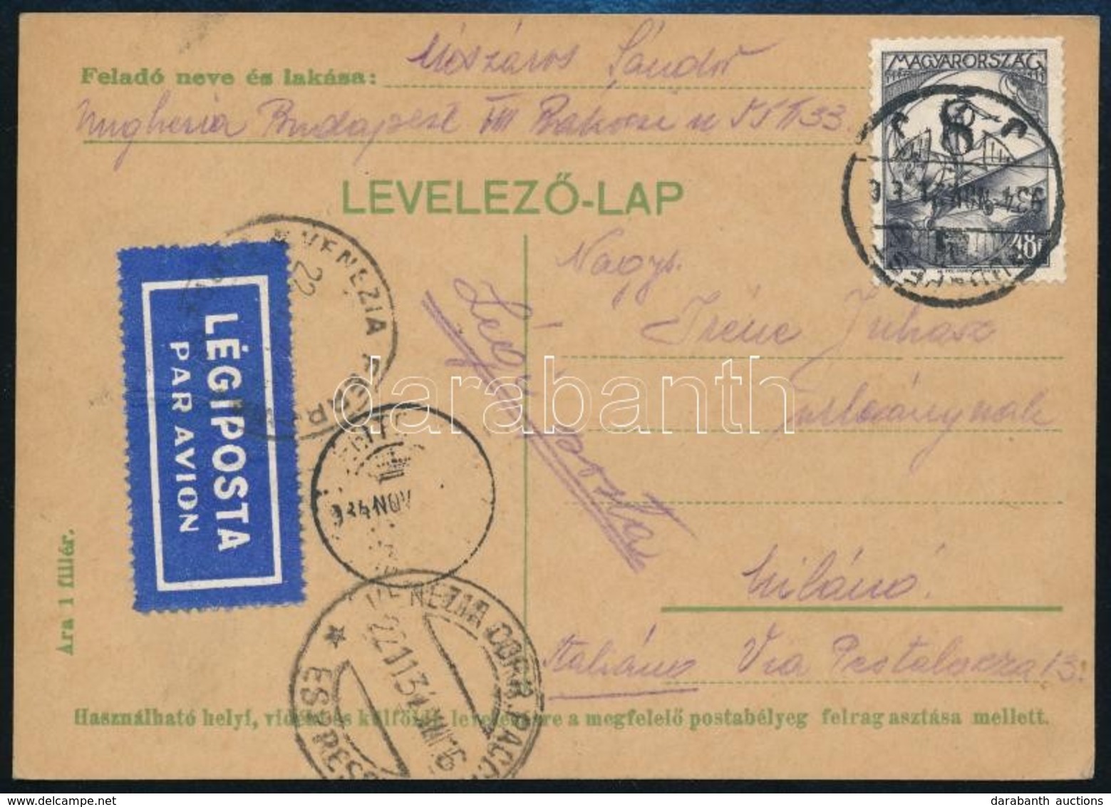 1934 Légi Levél 48f Bérmentesítéssel Milánóba / Airmail Postcard With 48f Franking To Milan - Altri & Non Classificati
