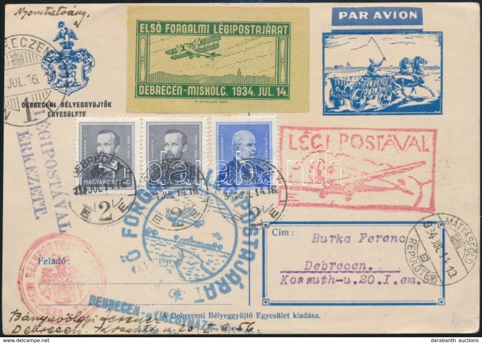 1934 Légi Levelez?lap 3 Bélyeges Bérmentesítéssel és Levélzáróval 'ELS? FORGALMI LÉGIPOSTAJÁRAT' / Airmail Postcard With - Altri & Non Classificati