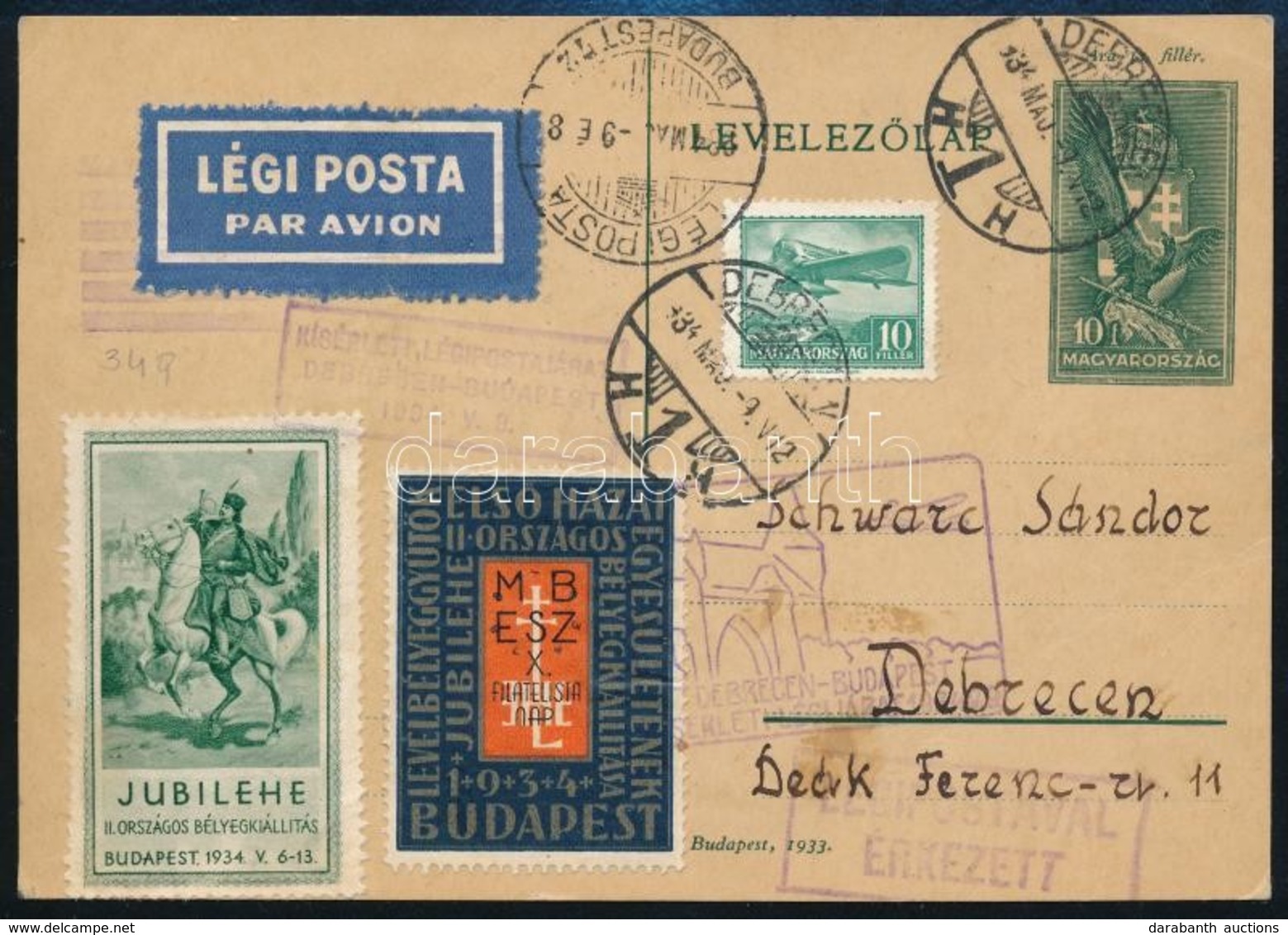 1934 Légi Levelez?lap Alkalmi Bélyegzéssel, Levélzárókkal / Airmail Postcard With Special Cancellation And Labels - Other & Unclassified
