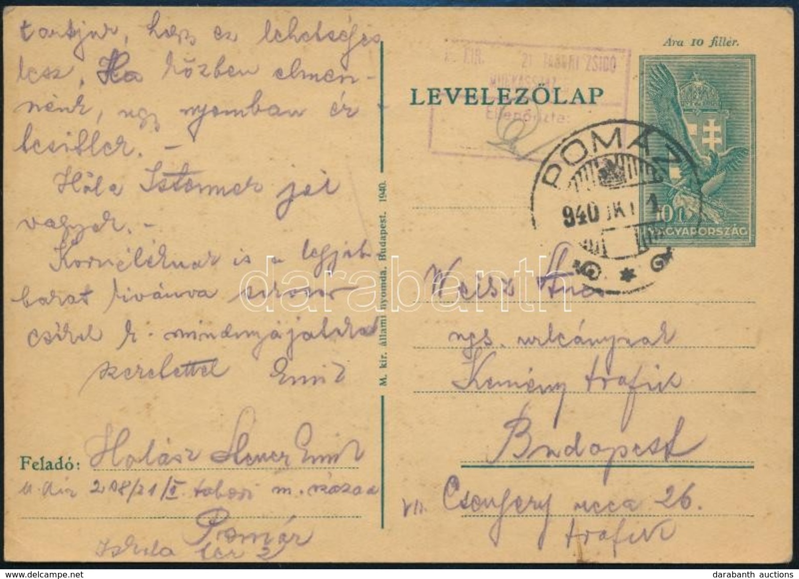 1940 Tábori Díjjegyes Levelez?lap / Field PS-card 'M.KIR. 21 TÁBORI ZSIDÓ MUNKÁSSZÁZAD' + 'POMÁZ' - Andere & Zonder Classificatie