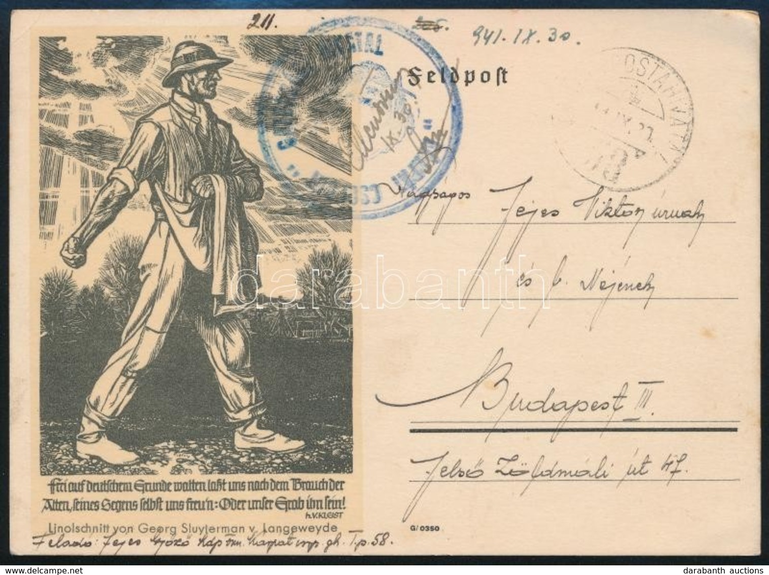 1945 Grafikus Német Tábori Levelez?lap Magyar Felhasználással / Field Postcard 'KÁRPÁT CSOPORT GAZDASÁGI HIVATAL' + 'TP  - Altri & Non Classificati