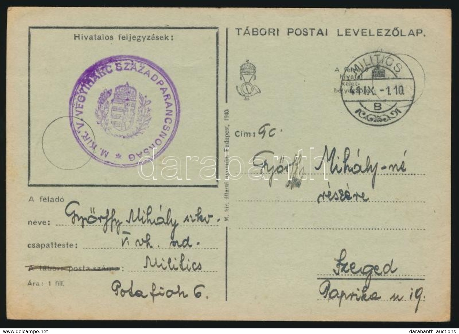 1941 Tábori Posta Levelez?lap / Field Post Card 'M.KIR. V. VEGYIHARC SZÁZADPARANCSNOKSÁG' + 'MILITICS' - Altri & Non Classificati