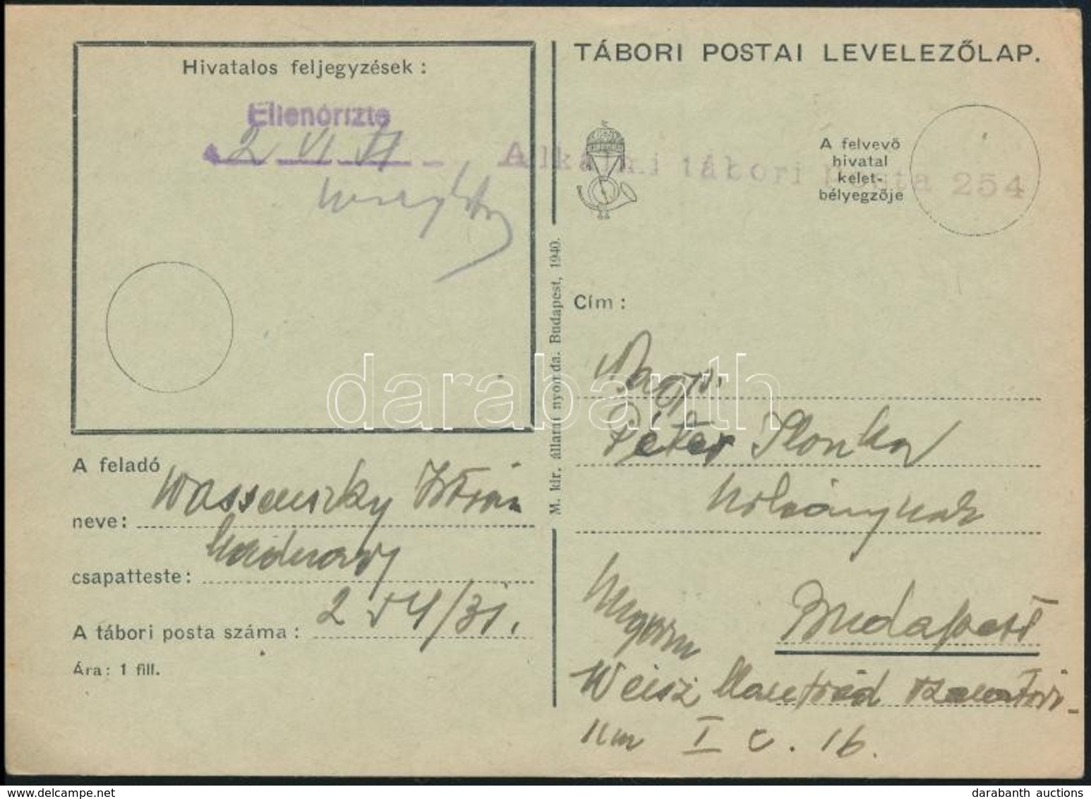 1942 Tábori Posta Levelez?lap / Field Postcard 'Alkalmi Tábori Posta 254' - Other & Unclassified