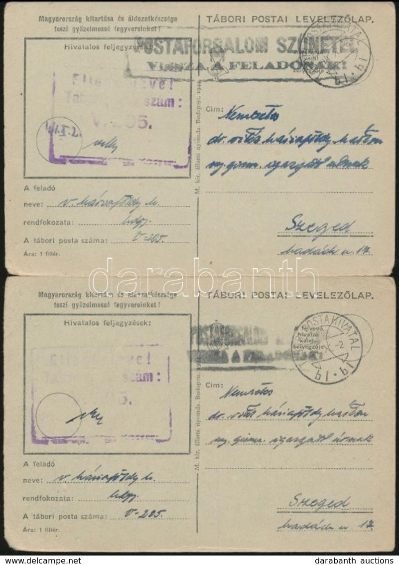 1944 2 Db Tábori Posta Levelez?lap Klf 'Postaforgalom Szünetel, Vissza A Feladónak' Bélyegzésekkel / 2 Field Postcards W - Other & Unclassified